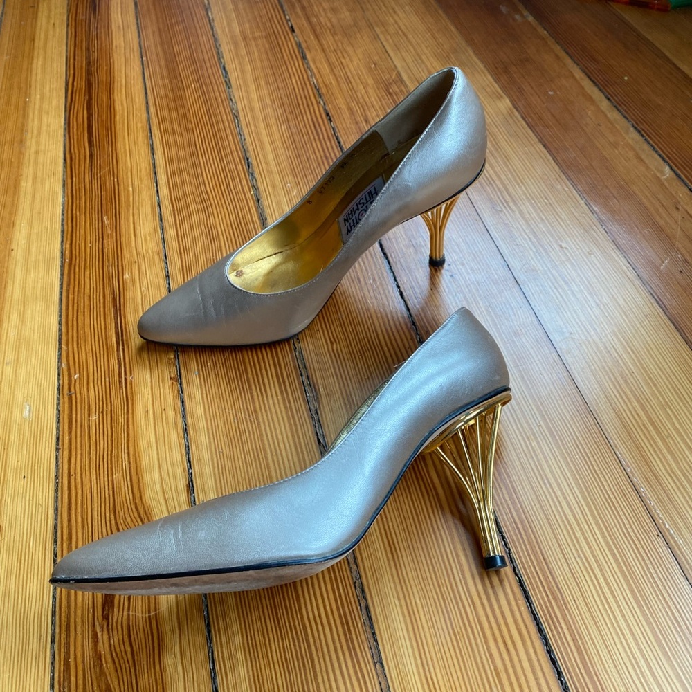 Vtg 80s Timothy Hitsman avant garde metal cage heel leather metallic gold heels